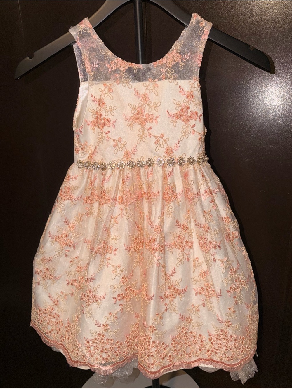American Princess Girls Ivory Dress Peach Floral Embroidery beaded waist trim 6